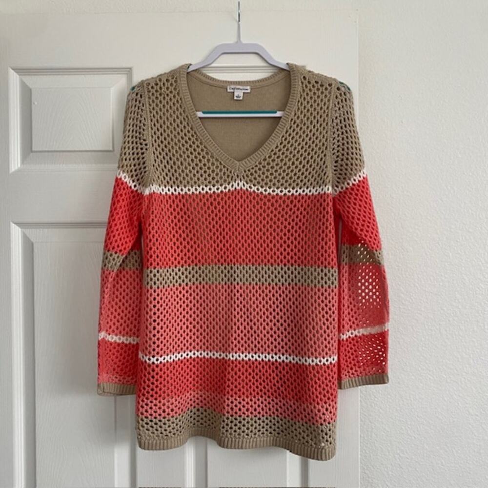 Croft & Barrow V-Neck Loose Knit Lined Sweater Tan/Orange/Ivory‎ Women's Large